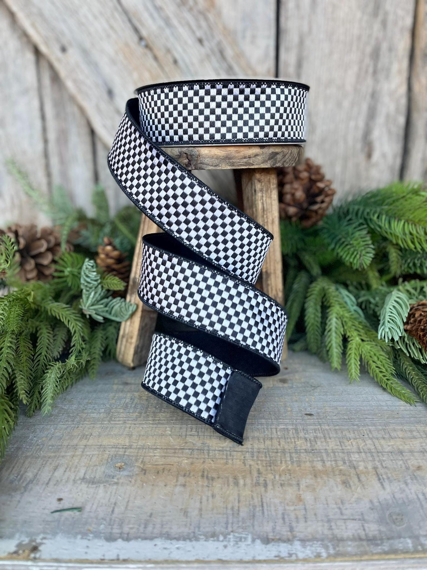 1.5" Black White Checks Ribbon, Farrisilk Ribbon