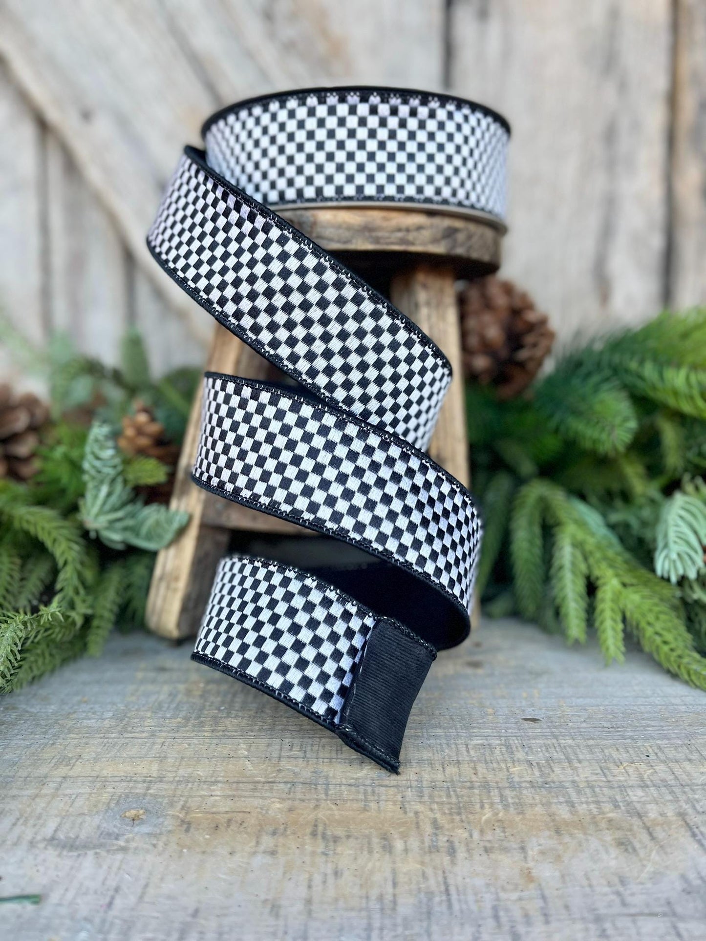 1.5" Black White Checks Ribbon, Farrisilk Ribbon