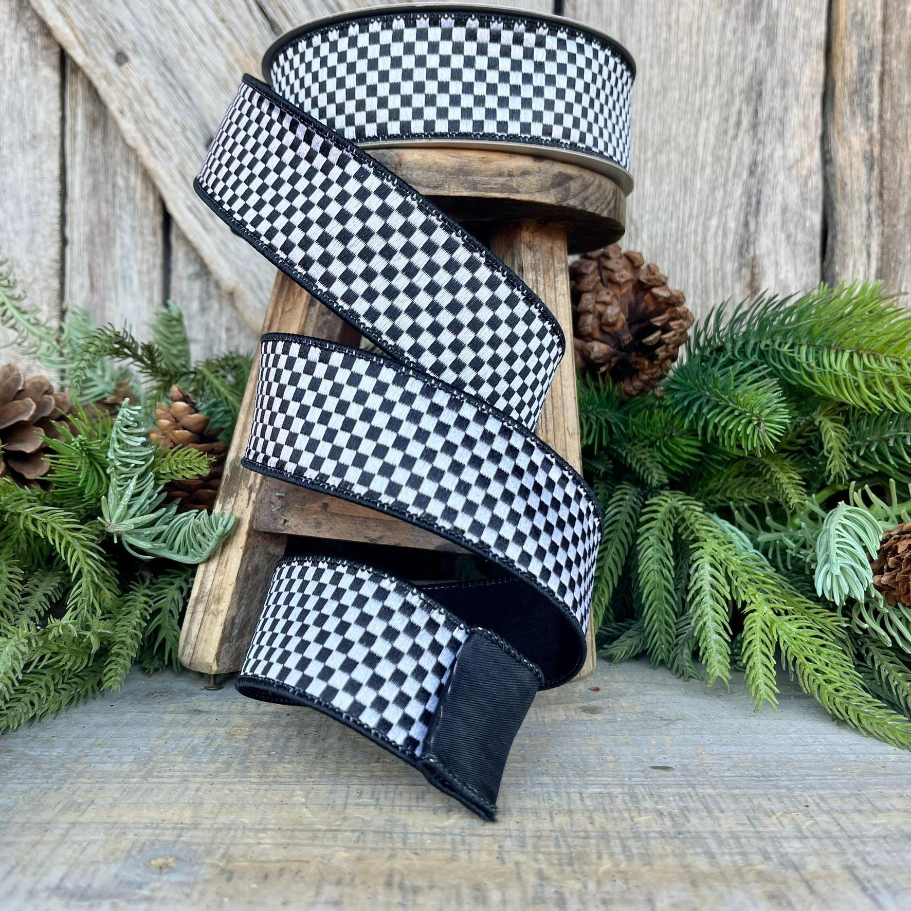 1.5" Black White Checks Ribbon, Farrisilk Ribbon