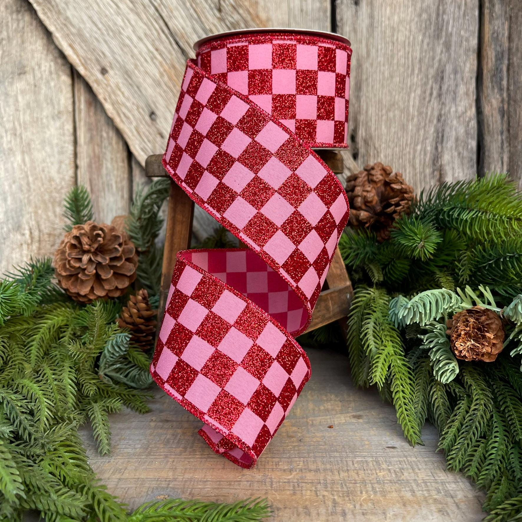 2.5" Red Pink Glitter Check Ribbon, Christmas RIbbon