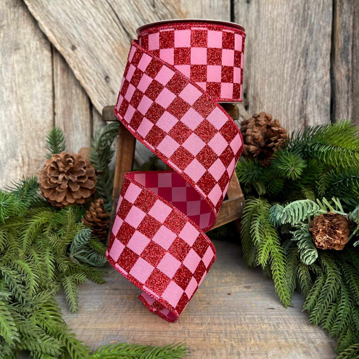 2.5" Red Pink Glitter Check Ribbon, Christmas RIbbon