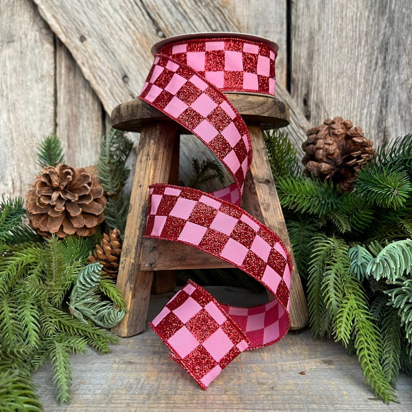 1.5" Red Pink Glitter Check Ribbon, Christmas RIbbon