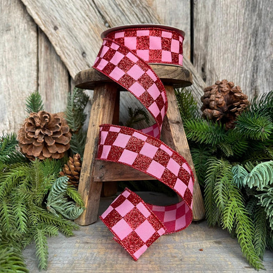 1.5" Red Pink Glitter Check Ribbon, Christmas RIbbon