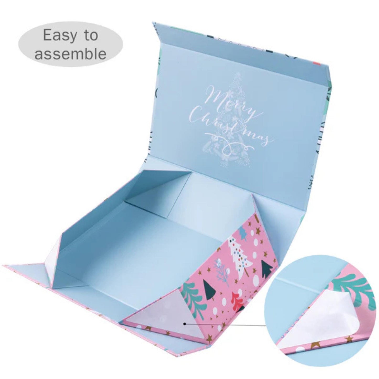 14" x 9" x 4.3" Collapsable Holiday Gift Box w/ 2-pcs White Tissue Paper & Magnetic Square Flap Lid | Pink And Blue Christmas Ornaments