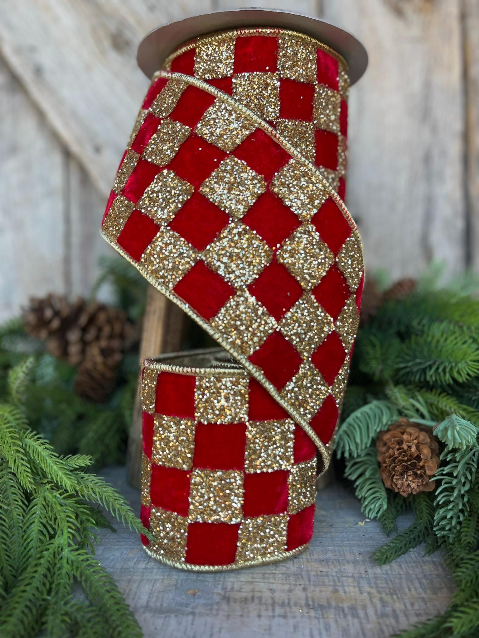 4" Red Gold Ribbon Glitter Checks, Christmas Tree Ribbon