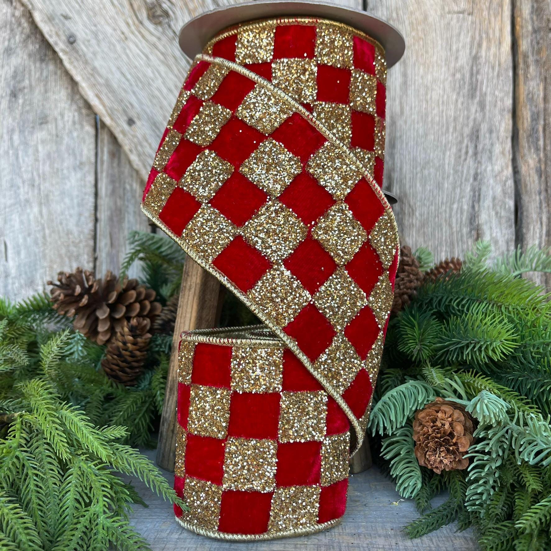 4" Red Gold Ribbon Glitter Checks, Christmas Tree Ribbon