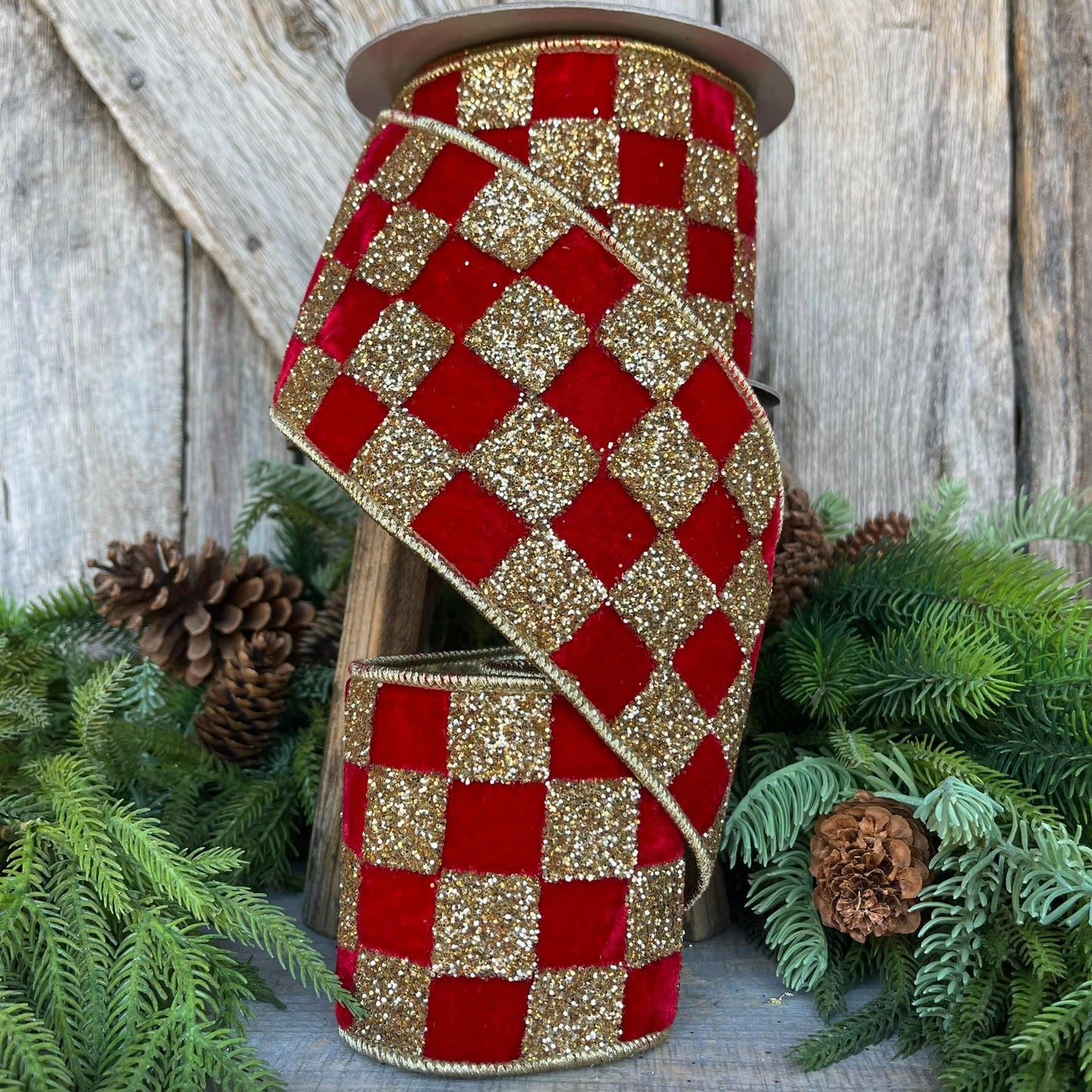 4" Red Gold Ribbon Glitter Checks, Christmas Tree Ribbon