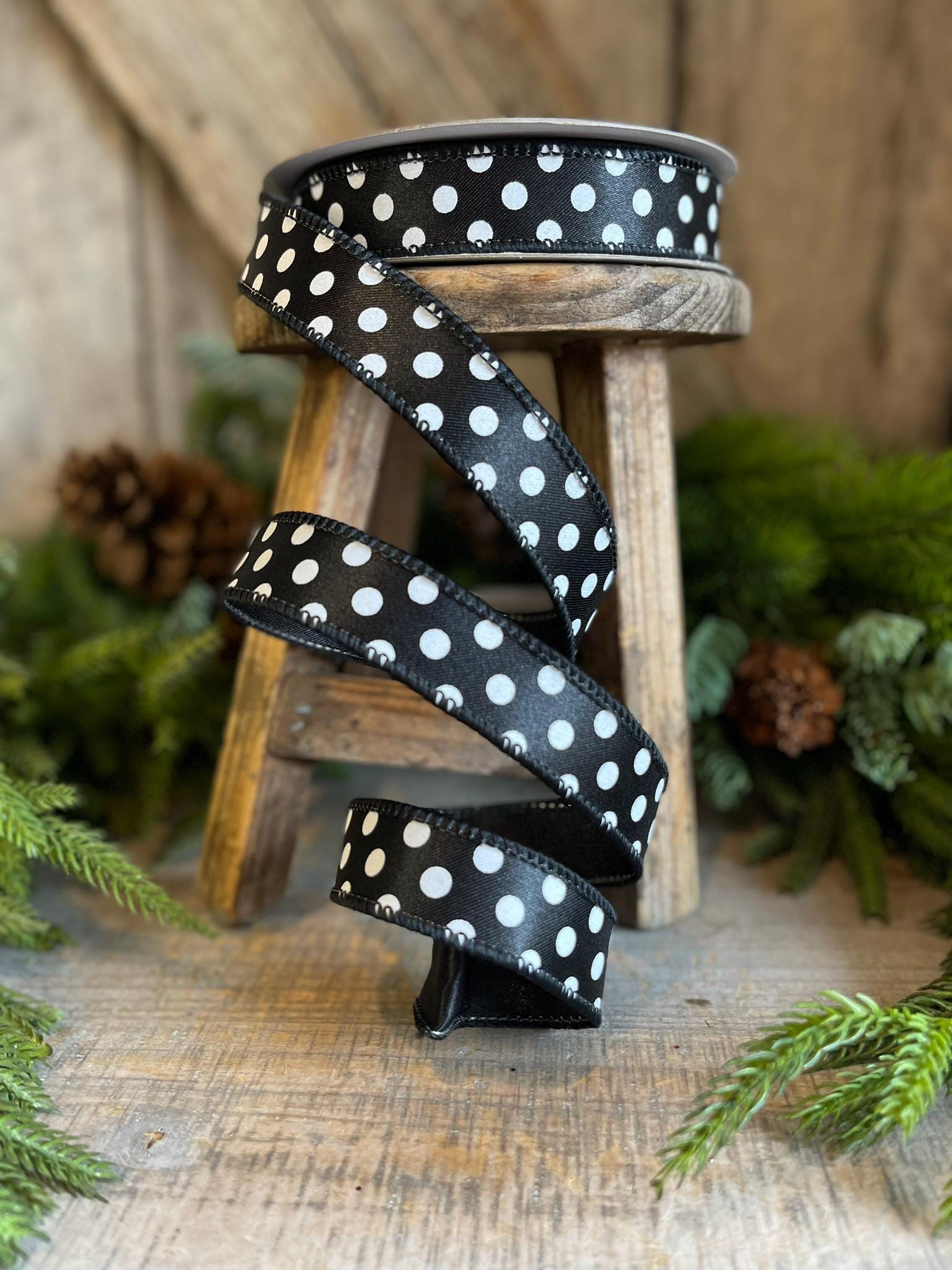 1" Black White Mini Dots, Farrisilk Ribbon