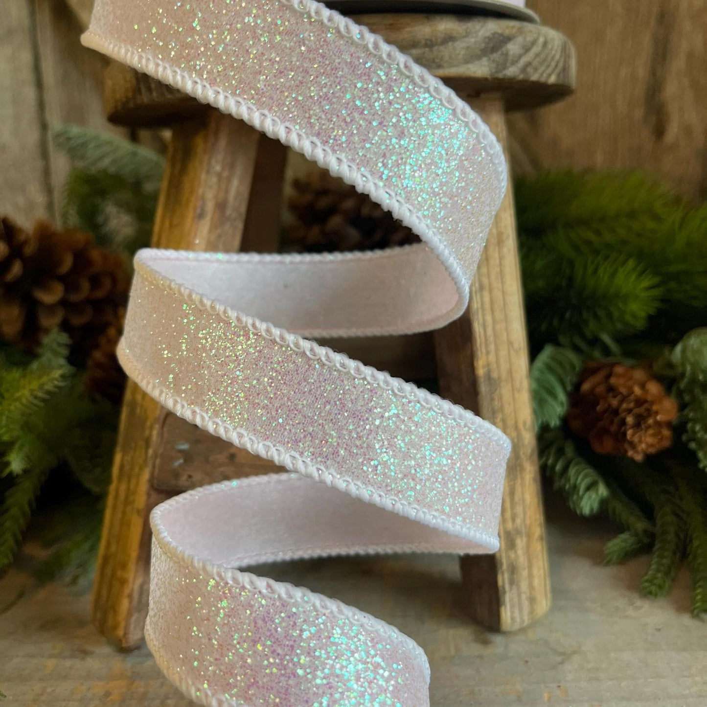 1" White Iridescent Sugar Frost Ribbon, Farrisilk Ribbon