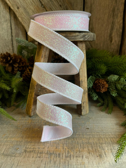 1" White Iridescent Sugar Frost Ribbon, Farrisilk Ribbon