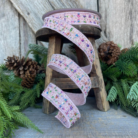 1" Pink Confetti Tweed Ribbon, Farrisilk Ribbon