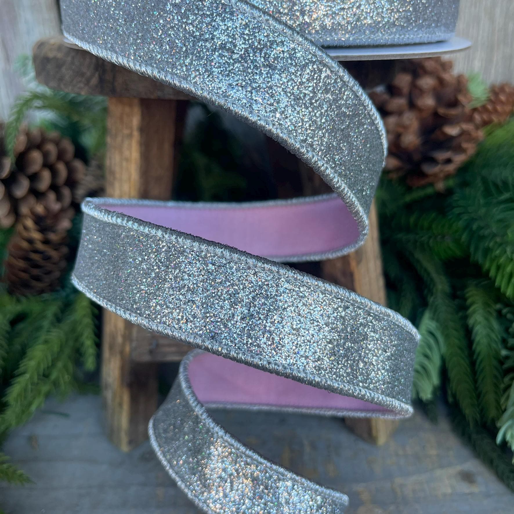 1" Silver Pink Glitter Wired RIbbon, Farrisilk Ribbon