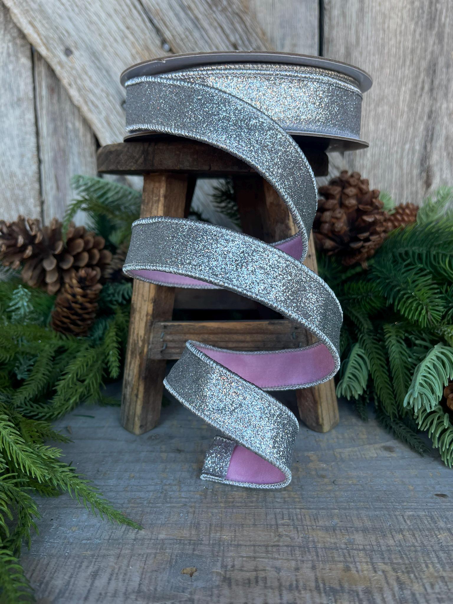 1" Silver Pink Glitter Wired RIbbon, Farrisilk Ribbon