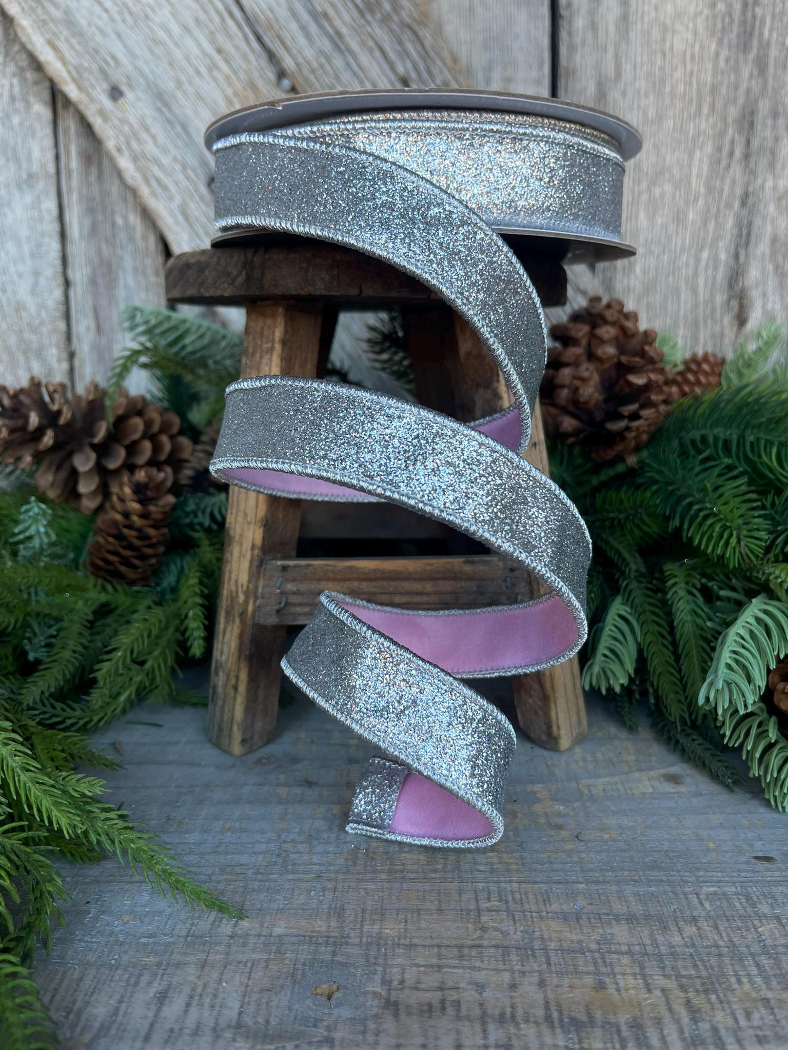 1" Silver Pink Glitter Wired RIbbon, Farrisilk Ribbon