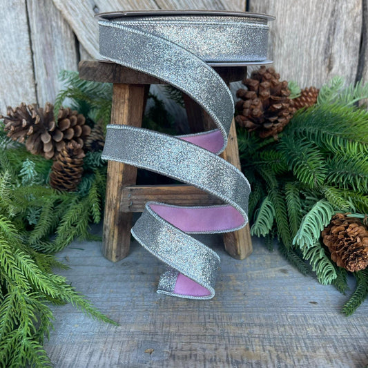 1" Silver Pink Glitter Wired RIbbon, Farrisilk Ribbon, Silver Ribbon, Christmas Ribbon, Designer Ribbon, Silver Christmas Decor, RC119-53