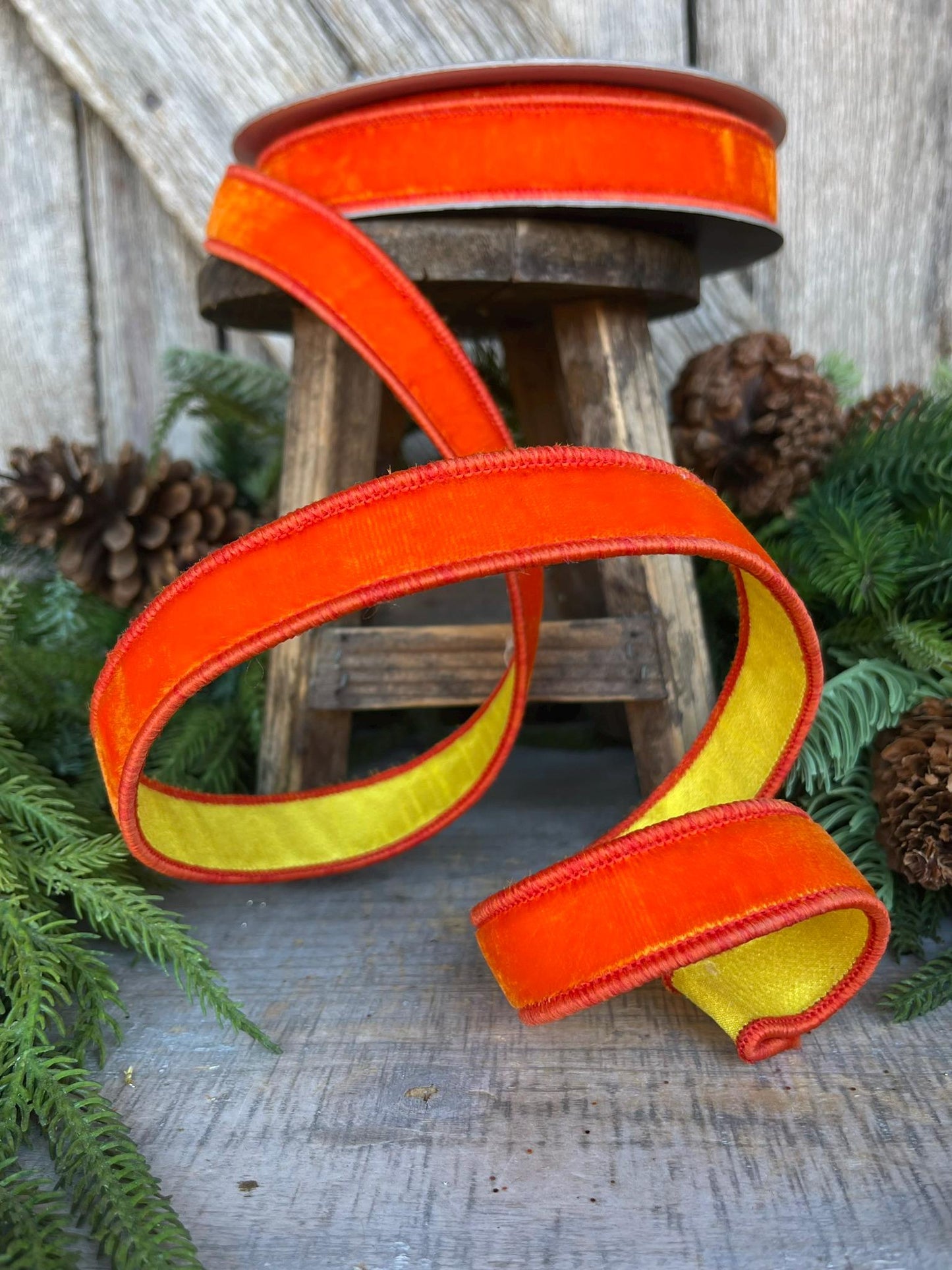 1" Orange Yellow Velvet RIbbon, Farrisilk Ribbon