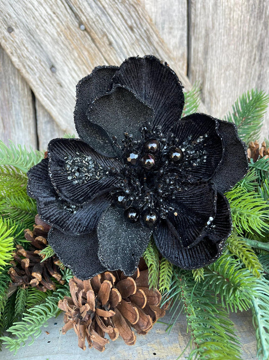 7" Black Magnolia, Farrisilk Magnolia, Black Grand Magnolia, Christmas Magnolia, Designer Floral for Christmas Tree, CF009-92