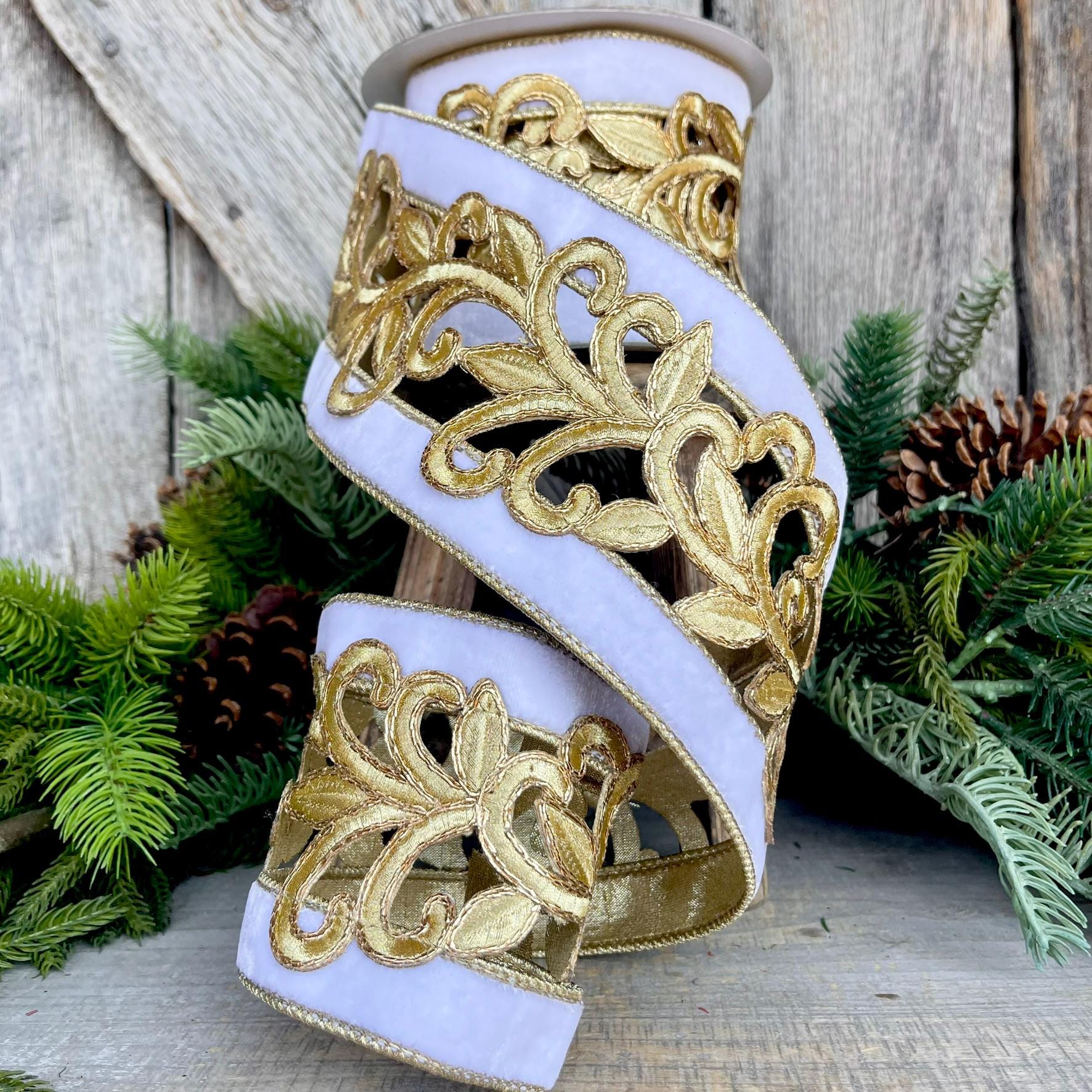 4" White Gold Embroidered Lancet Ribbon, Farrisilk Ribbon, White Christmas Tree Ribbon, Fancy Gold Scroll Ribbon, Christmas Ribbon, RK468-21