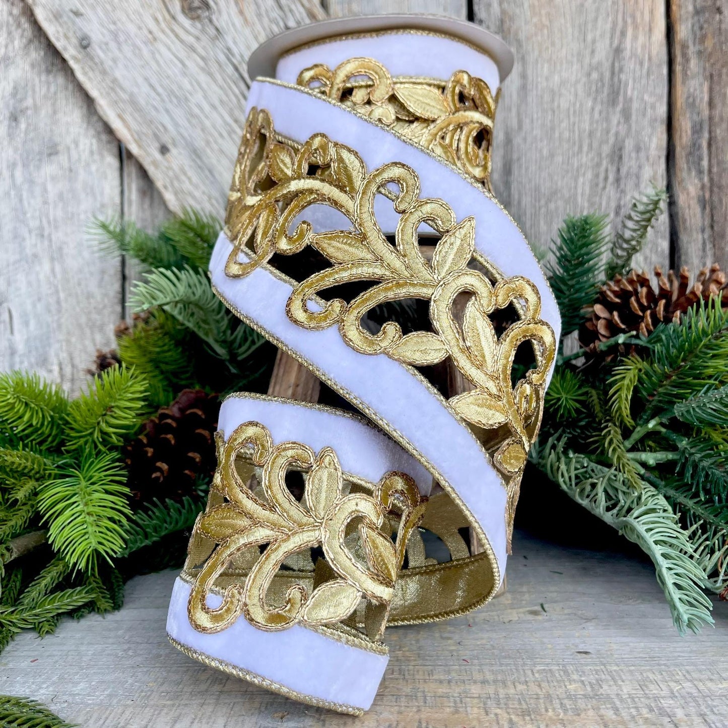 4" White Gold Embroidered Lancet Ribbon, Farrisilk Ribbon, White Christmas Tree Ribbon, Fancy Gold Scroll Ribbon, Christmas Ribbon, RK468-21