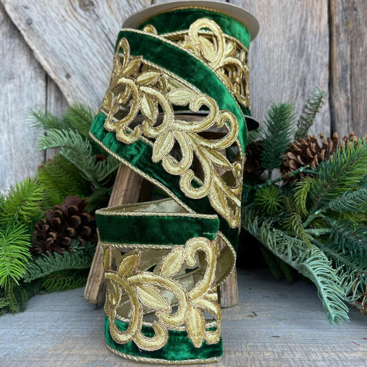 4" Emerald Green Gold Embroidered Lancet Ribbon, Farrisilk Ribbon, Green Christmas Ribbon, Fancy Gold Scroll, Christmas Ribbon, RK763-55