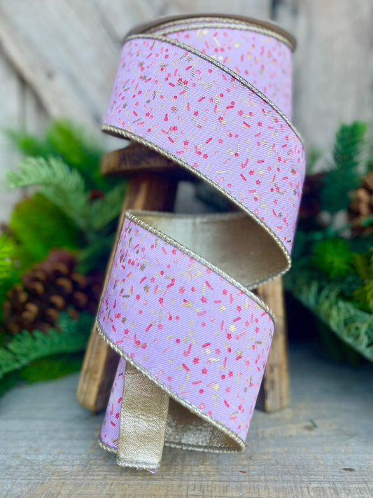 2.5" Pink Sprinkles Ribbon, Farrisilk Ribbon, Wired Ribbon, Christmas Ribbon, Pink and Gold RIbbon, Pink Frosting Ribbon, RK647-14