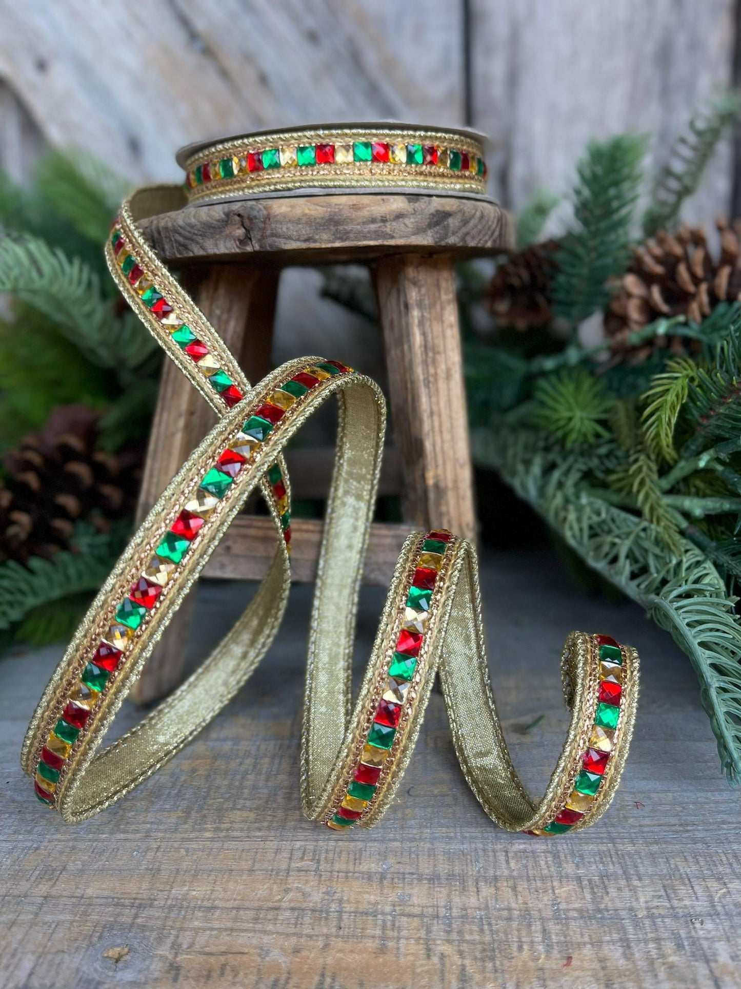 7/8" Red Green Gold Jeweled Ribbon, Jeweled Ribbon, Christmas Ribbon, Jeweled Ribbon, Christmas Ribbon, Wired Ribbon,