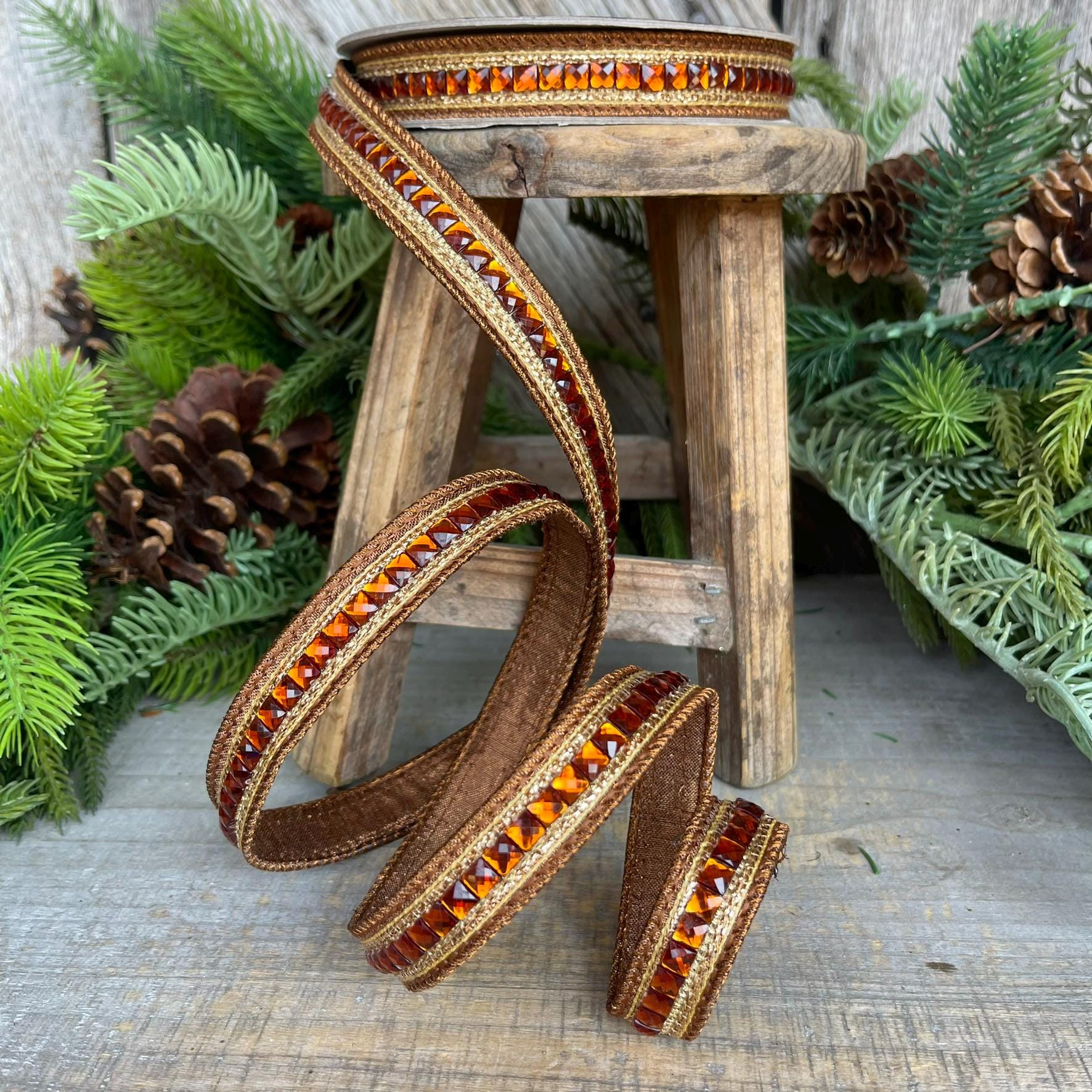 3/4" Pecan Brown Jeweled Ribbon, Farrisilk Ribbon