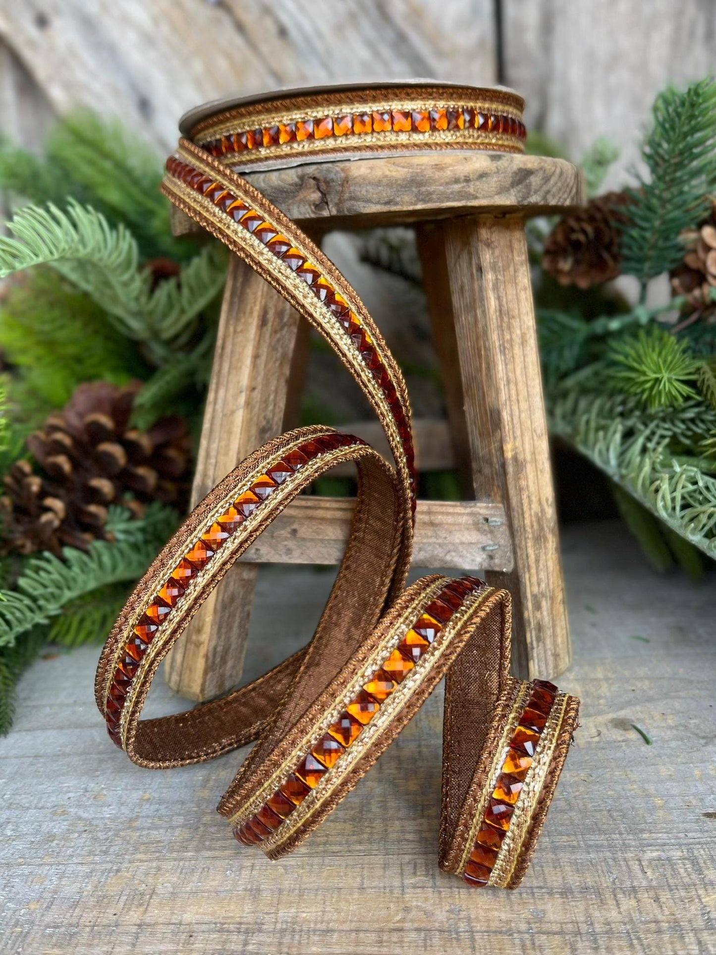 3/4" Pecan Brown Jeweled Ribbon, Farrisilk Ribbon