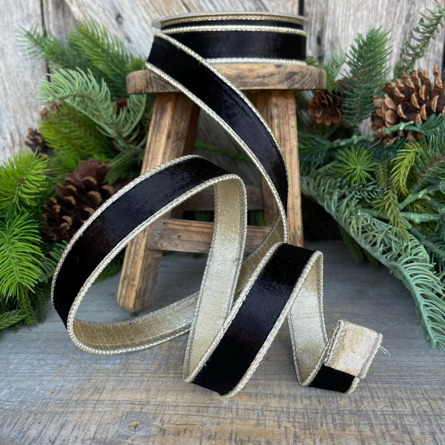 1" Black Satin Velvet Ribbon, Farrisilk Ribbon