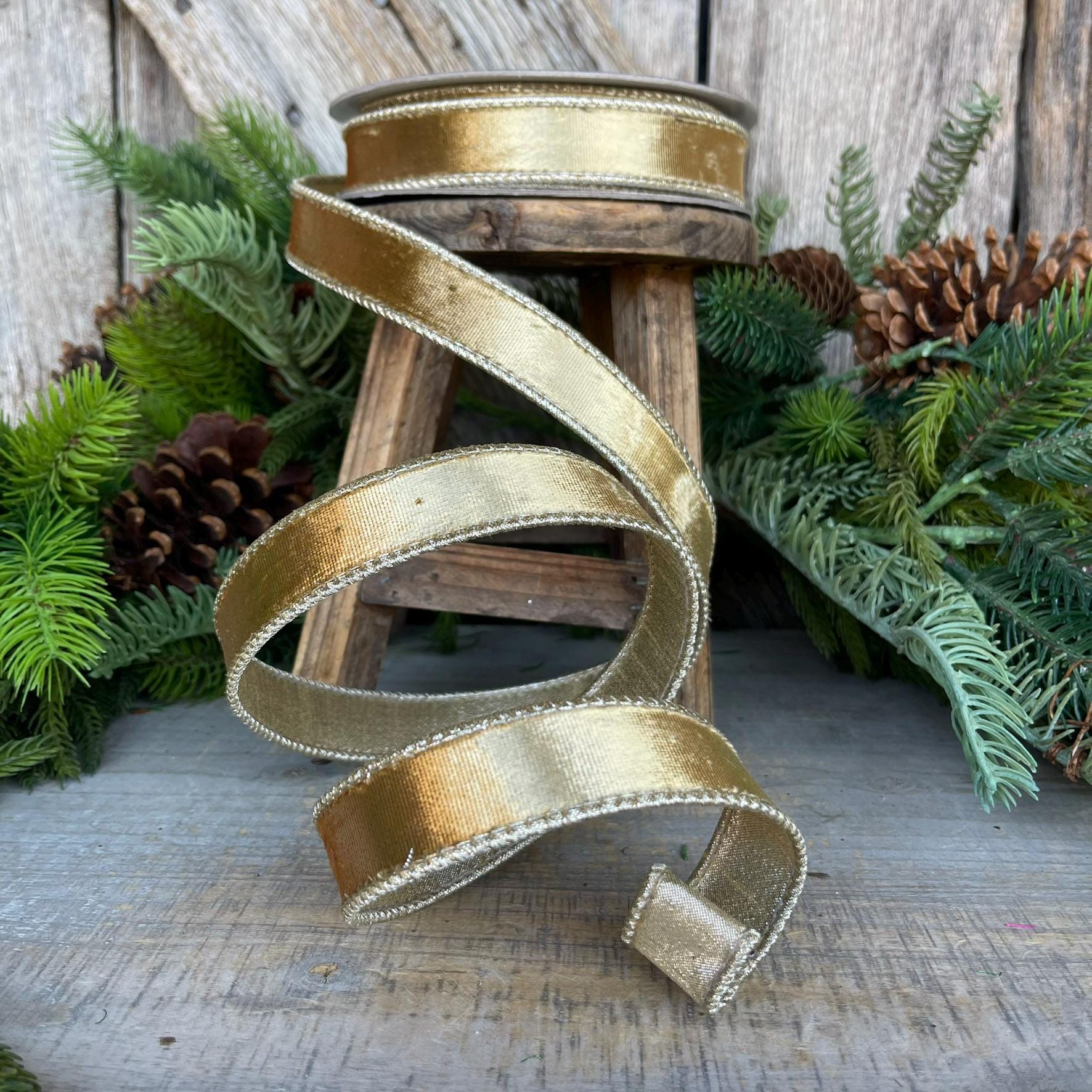 1" Gold Satin Velvet Ribbon, Farrisilk Ribbon, Gold Velvet Ribbon, Christmas RIbbon,Black Platinum Velvet Ribbon,Designer Ribbon, RK661-50