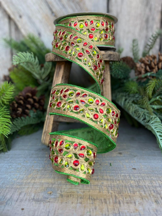 1.5" Red Green Gold Jeweled Ribbon, Farrisilk Ribbon, Jeweled Ribbon, Christmas Ribbon, Jeweled Ribbon, Christmas Ribbon, RG718-48