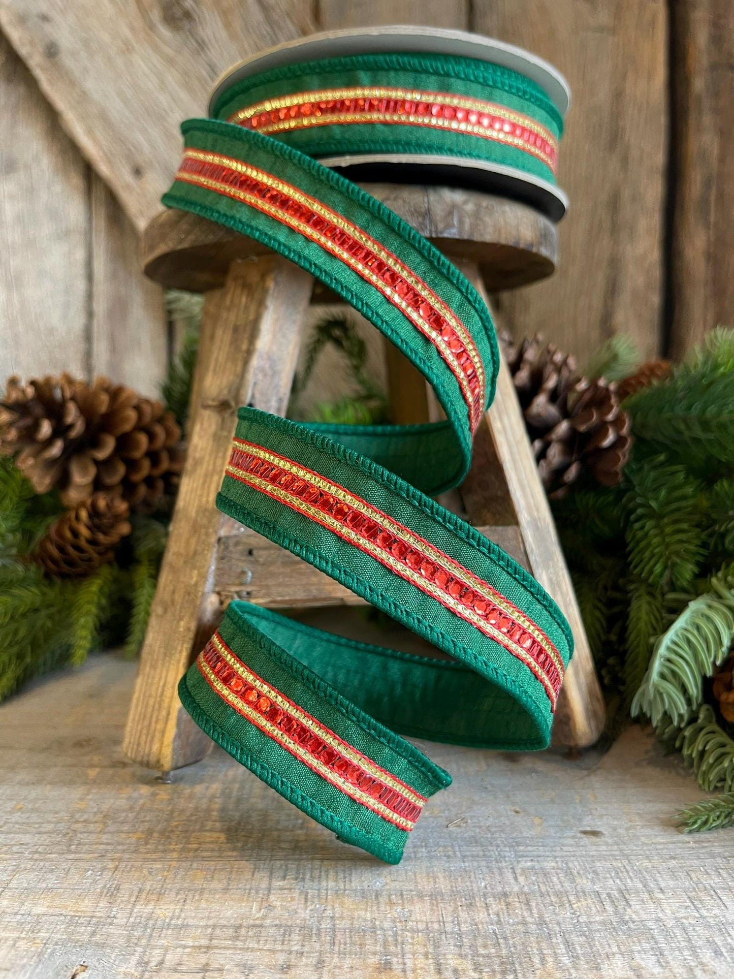 1" Green Red Twinkle Trim Ribbon, Farrisilk ribbon