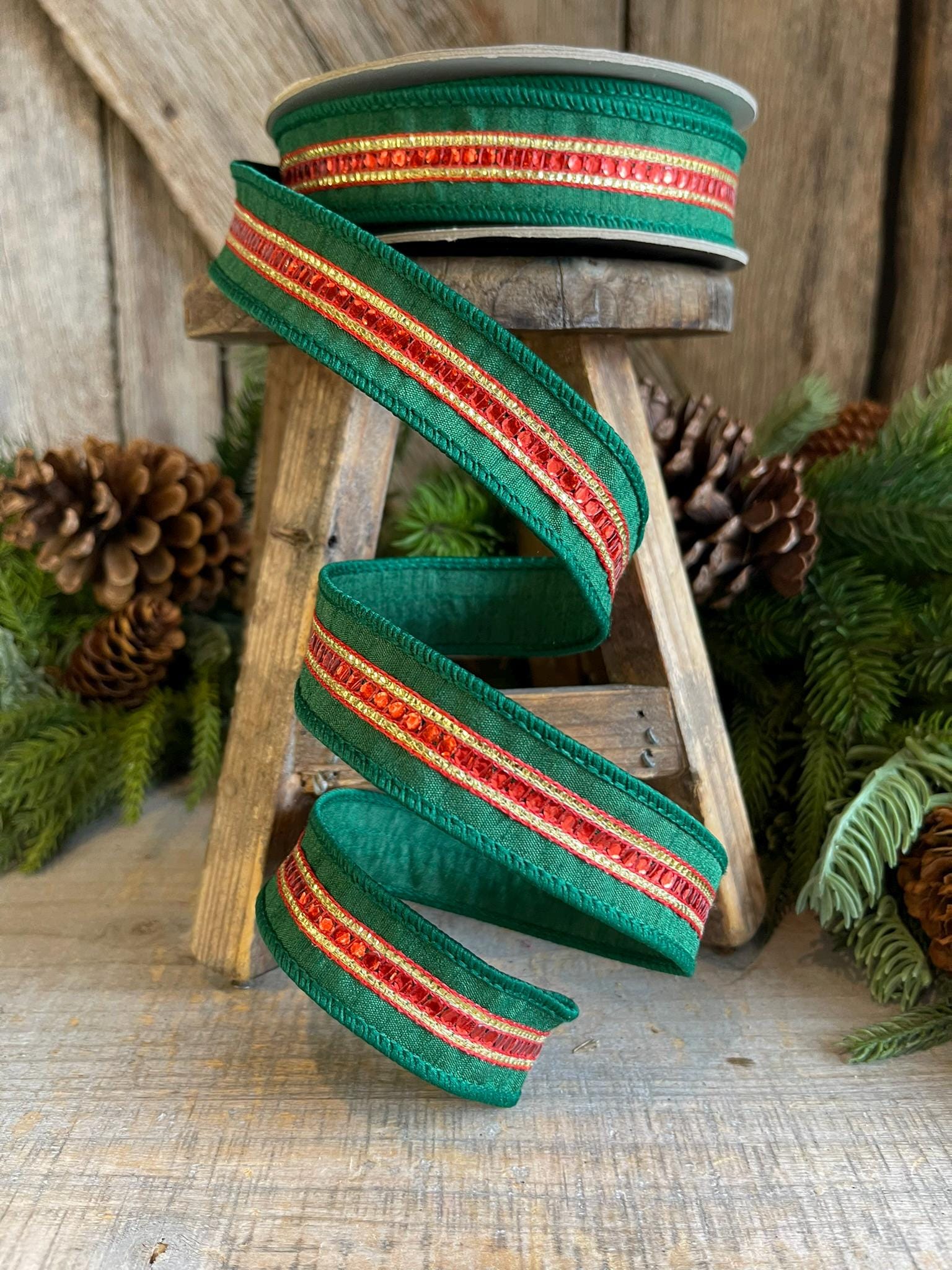 1" Green Red Twinkle Trim Ribbon, Farrisilk ribbon