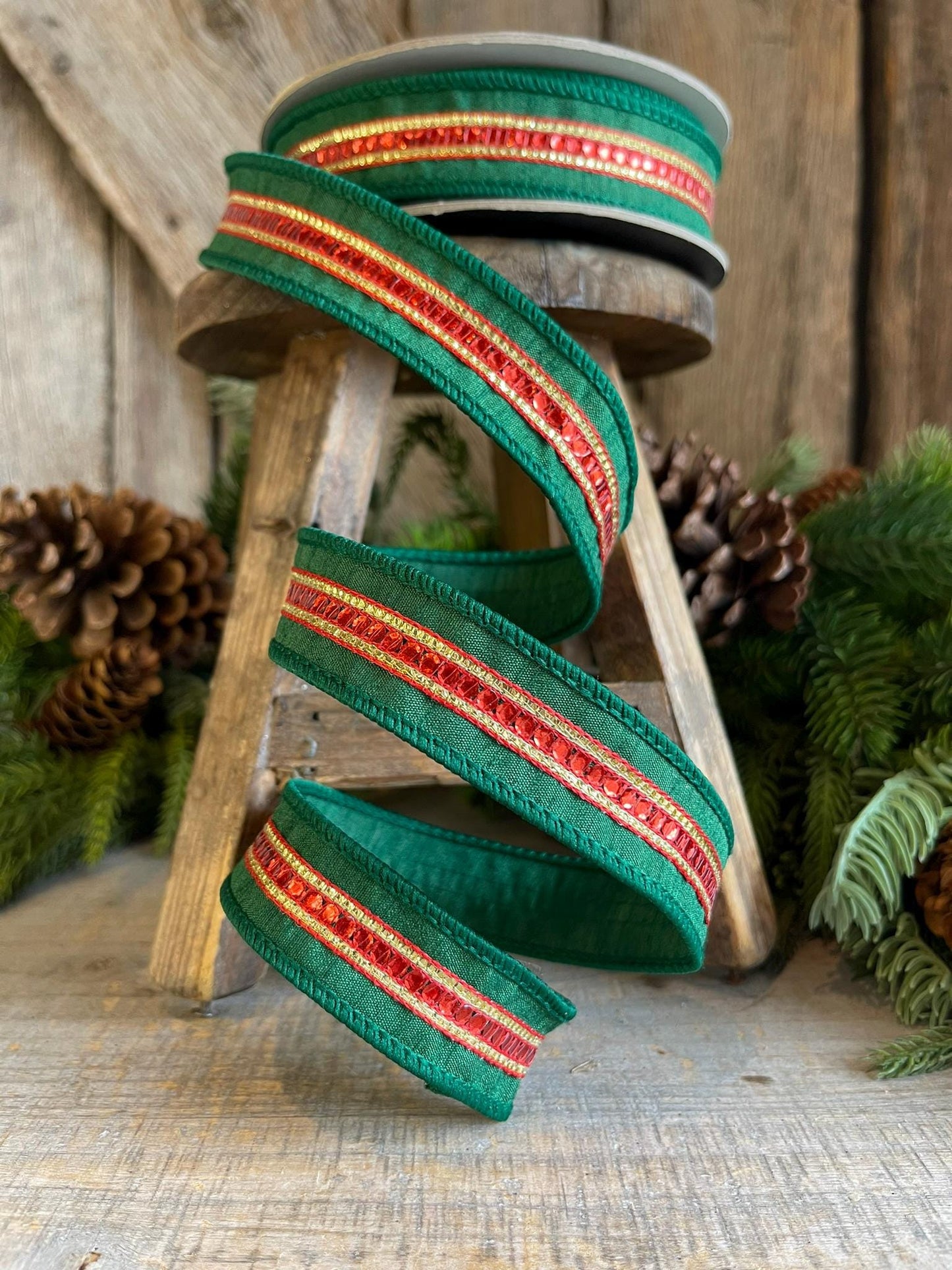 1" Green Red Twinkle Trim Ribbon, Farrisilk ribbon