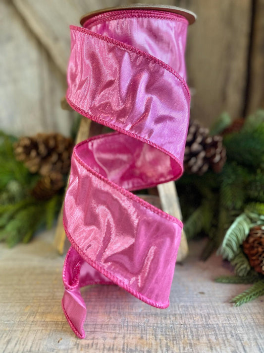 2.5" Pink Metallic Ribbon, Pink Wired Ribbon, Christmas Ribbon, Pink Ribbon, Dupioni Ribbon, Wreath Supply, Craft Supply, Pink DUpion