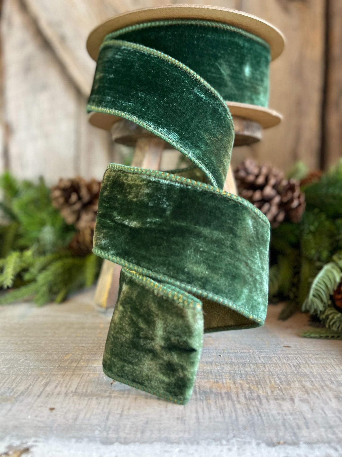 2.5" Forest Green Velvet Ribbon, Wired Ribbon