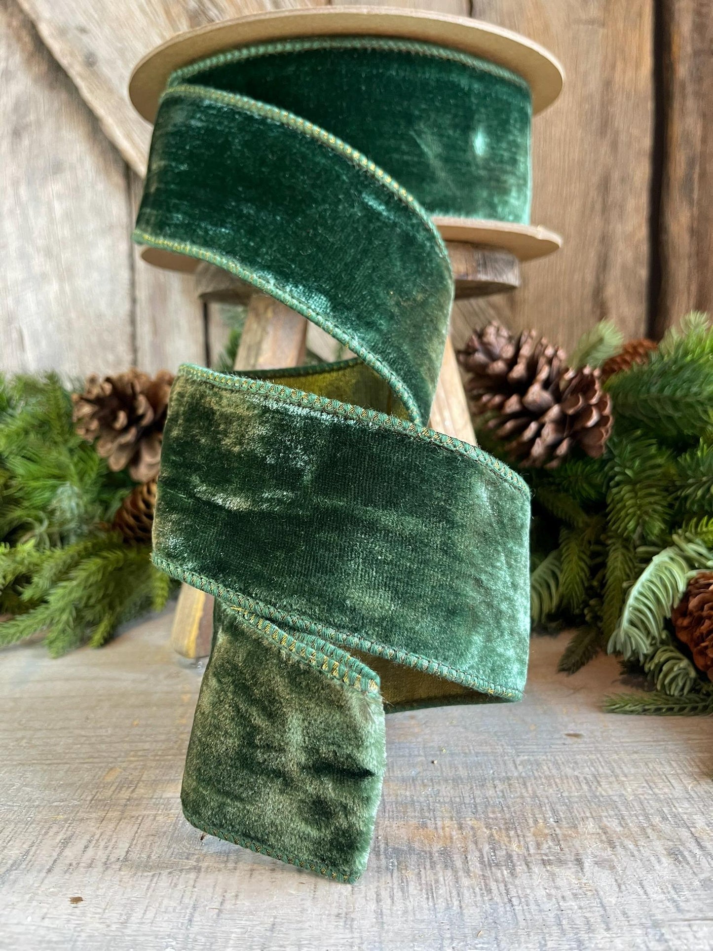 2.5" Forest Green Velvet Ribbon, Wired Ribbon