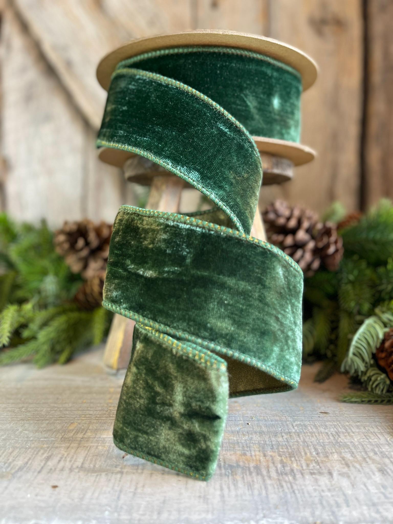 2.5" Forest Green Velvet Ribbon, Wired Ribbon