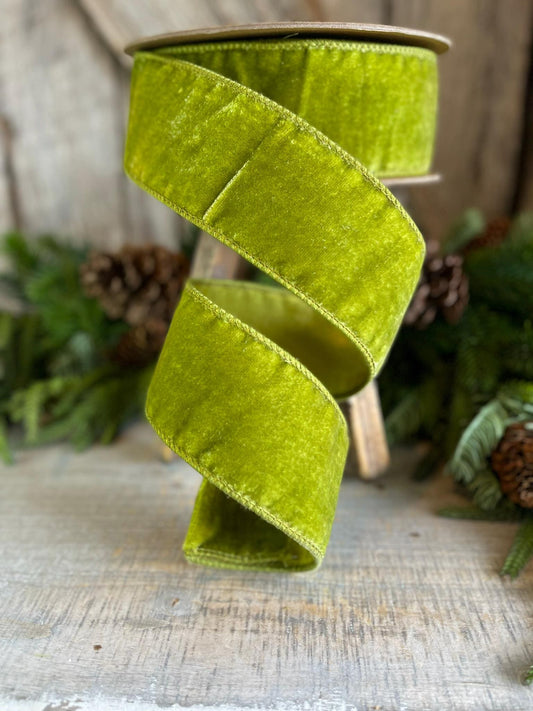 2.5 Lime Green Velvet, Farrisilk Velvet Ribbon, Farrisilk Ribbon, Moss green Velvet Ribbon, Wired ribbon, Chistmas Ribbon