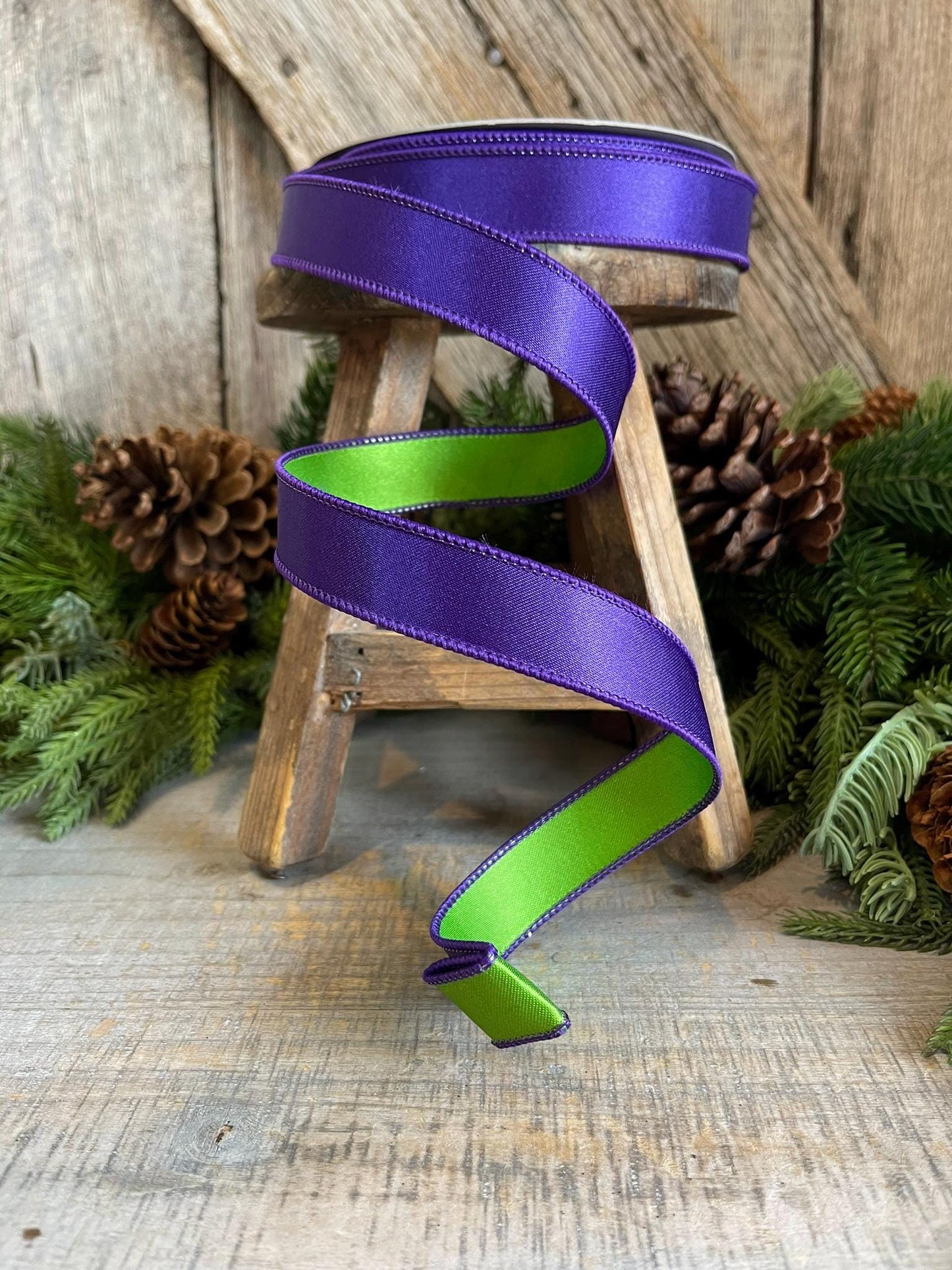 1" Purple Green Satin Ribbon, Farrisilk Ribbon, Wired Ribbon, Satin Duo, Halloween Ribbon, Purple Ribbon, Designer RIbbon, RS162-27