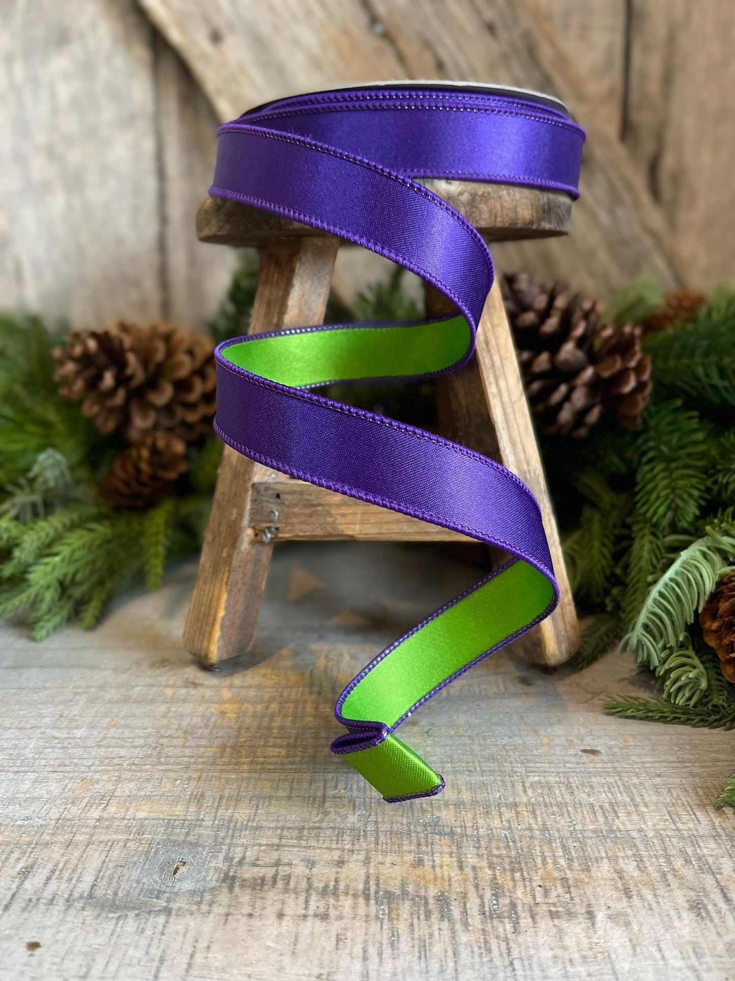 1" Purple Green Satin Ribbon, Farrisilk Ribbon, Wired Ribbon, Satin Duo, Halloween Ribbon, Purple Ribbon, Designer RIbbon, RS162-27