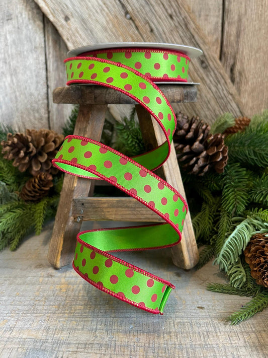 1" Red Lime Green Mini Dot Ribbon, Farrisilk Ribbon, Christmas Ribbon, Red Green Polka Dot RIbbon, Narrow Ribbon, RD867-48