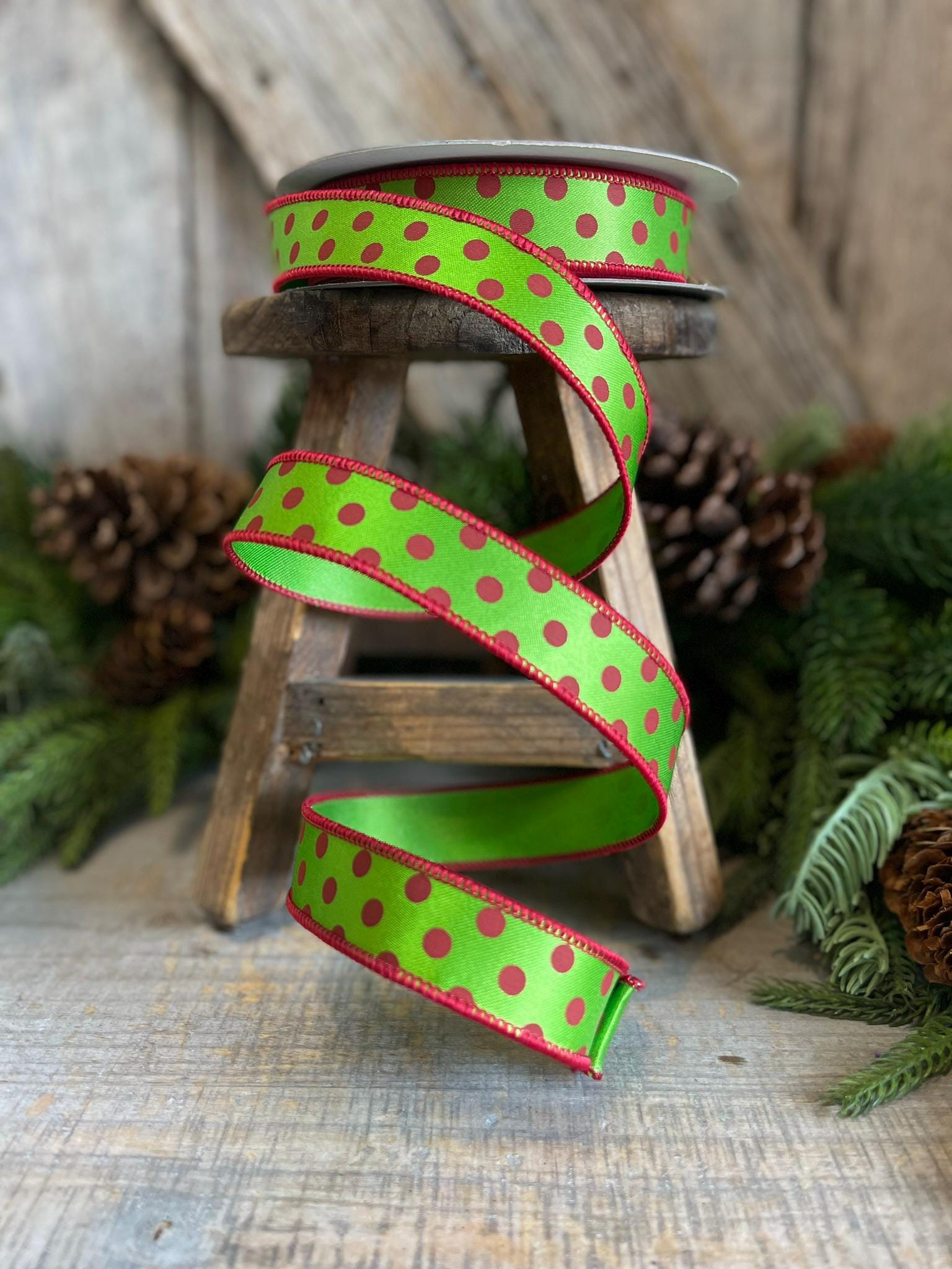 1" Red Lime Green Mini Dot Ribbon, Farrisilk Ribbon