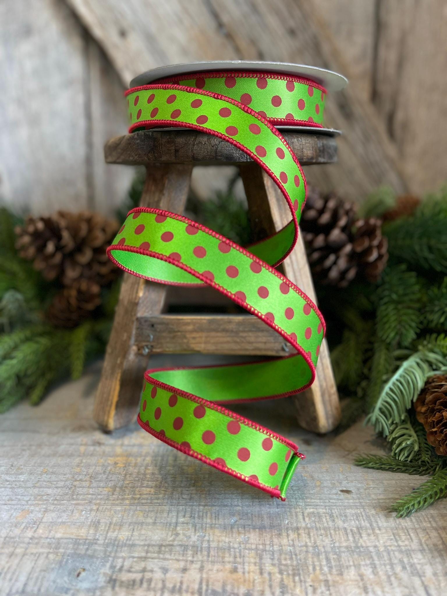 1" Red Lime Green Mini Dot Ribbon, Farrisilk Ribbon