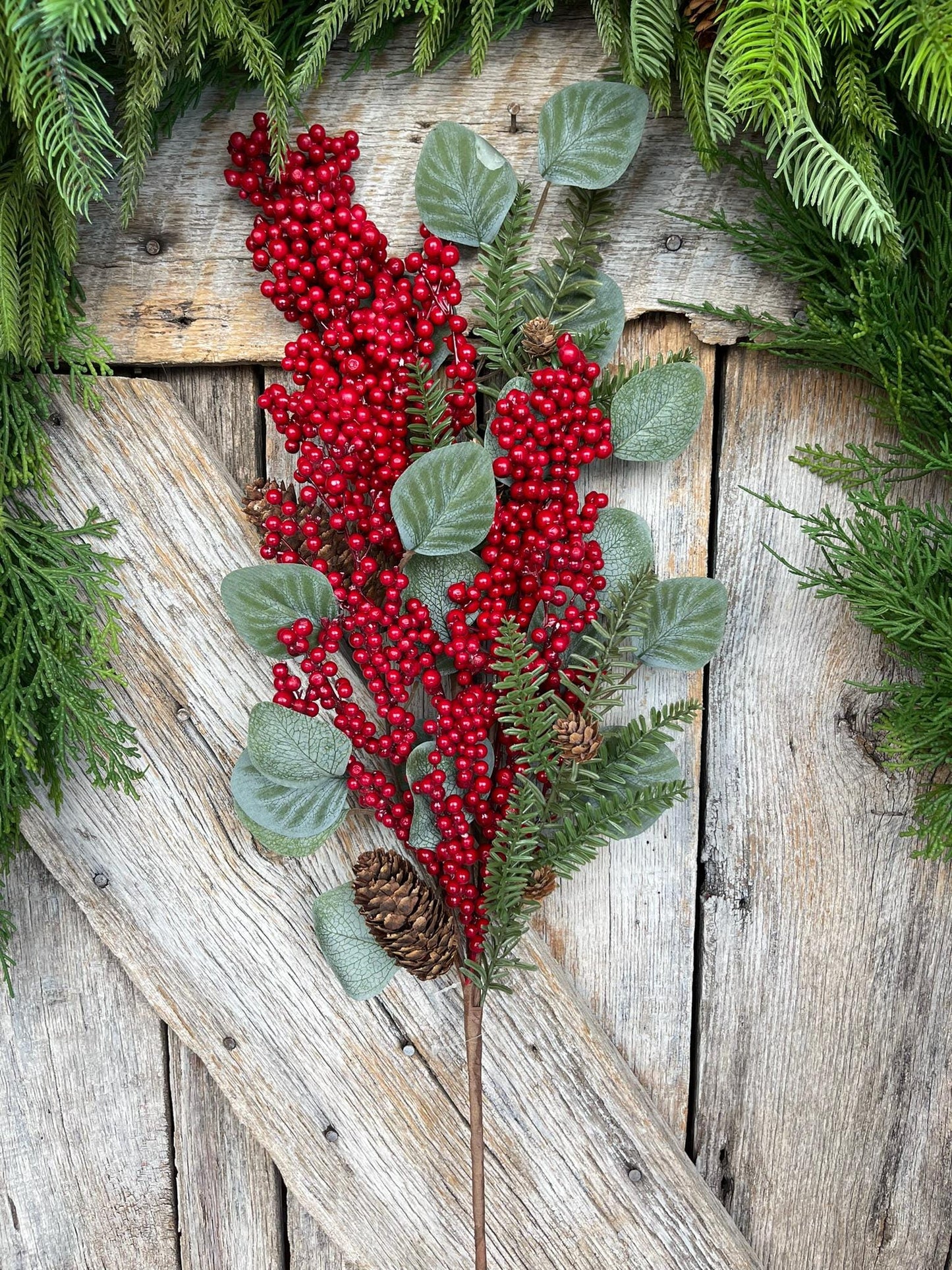 32" Red Berry Eucalyptus Pine Spray, Christmas Berry Spray