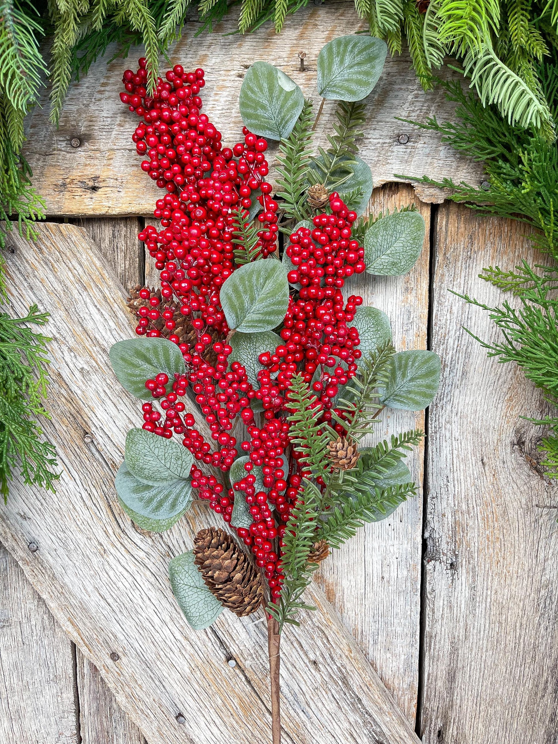 32" Red Berry Eucalyptus Pine Spray, Christmas Berry Spray