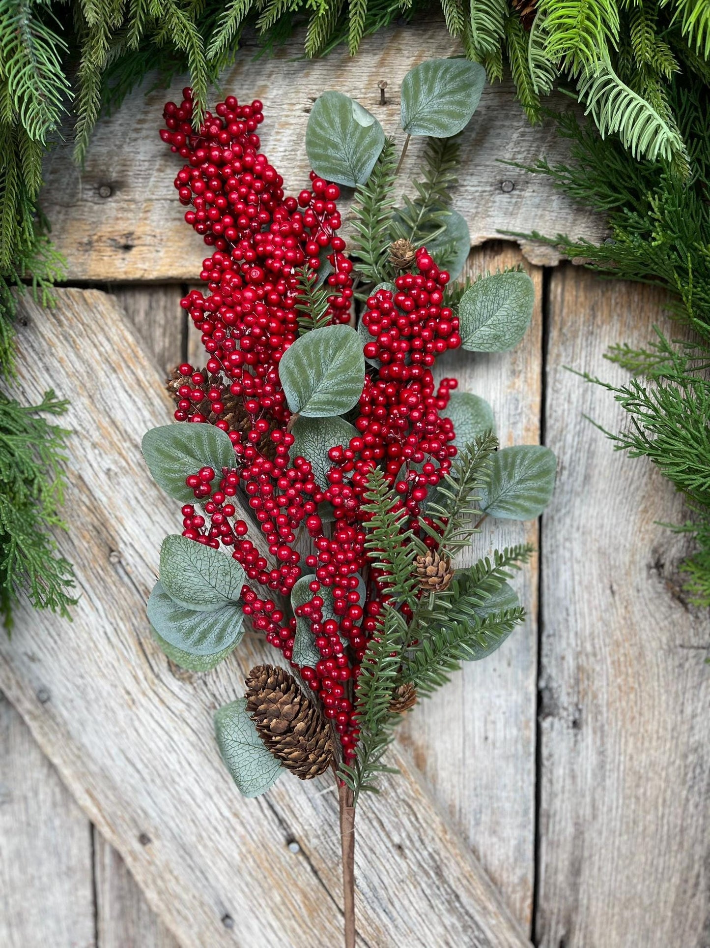 32" Red Berry Eucalyptus Pine Spray, Christmas Berry Spray