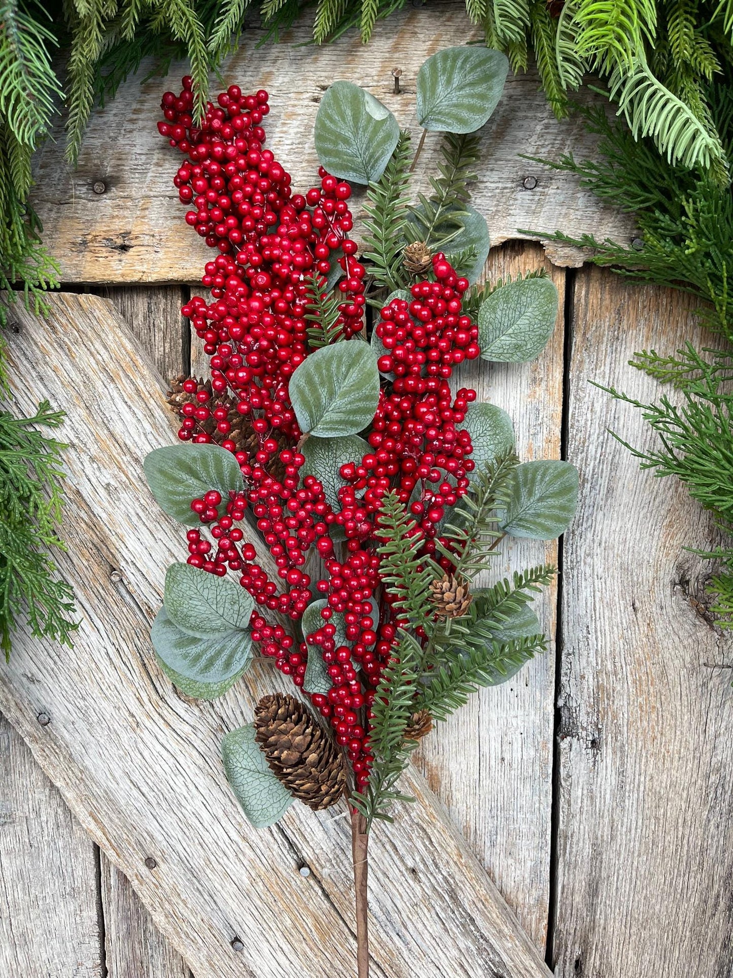 32" Red Berry Eucalyptus Pine Spray, Christmas Berry Spray