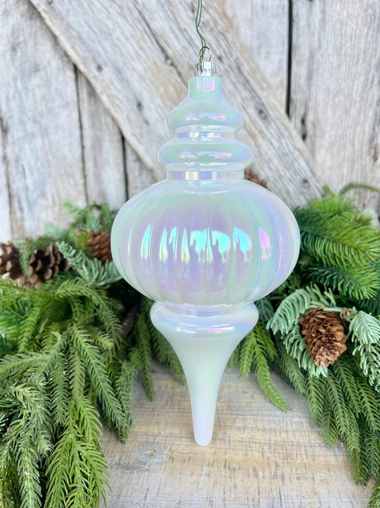 10" White Iridescent Finial Ornament, Shatterproof Finial