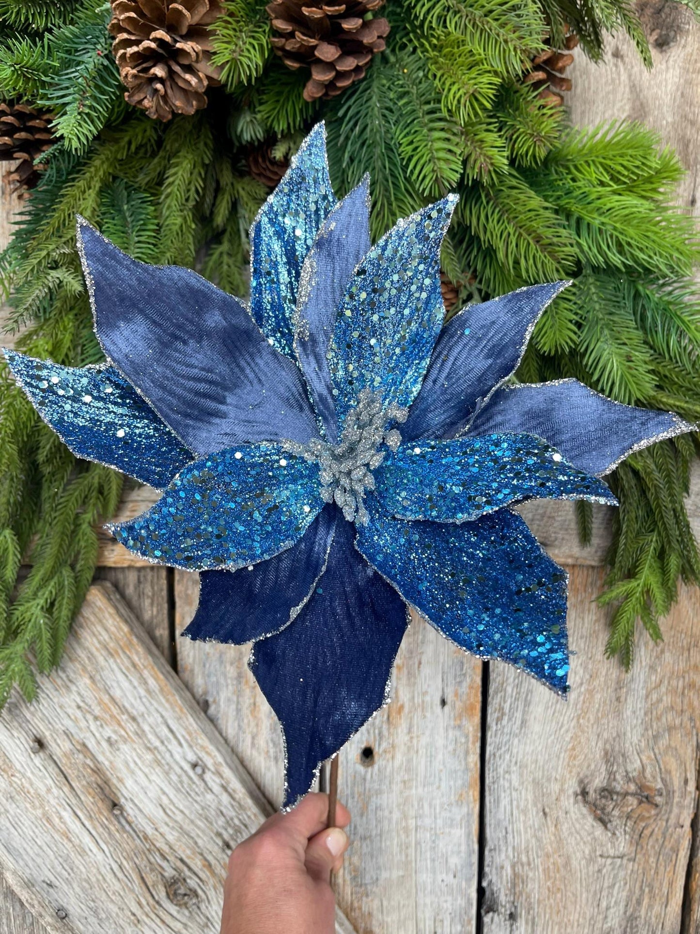 24" Blue Velvet Beaded Magnolia Stem, jeweled Christmas Spray